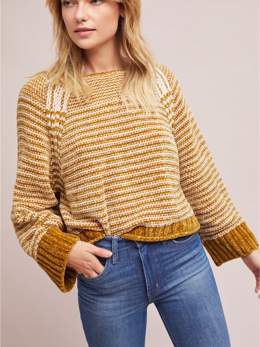 Anthropologie Chenille Striped Sweater Gold | Size L
